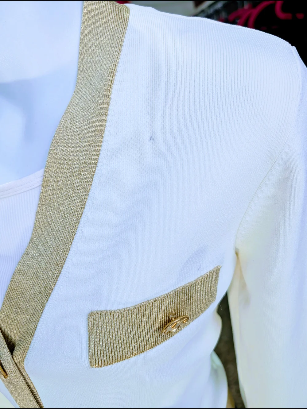 Michael Kors Cream Cardigan with Tan Trim and Navy Accent